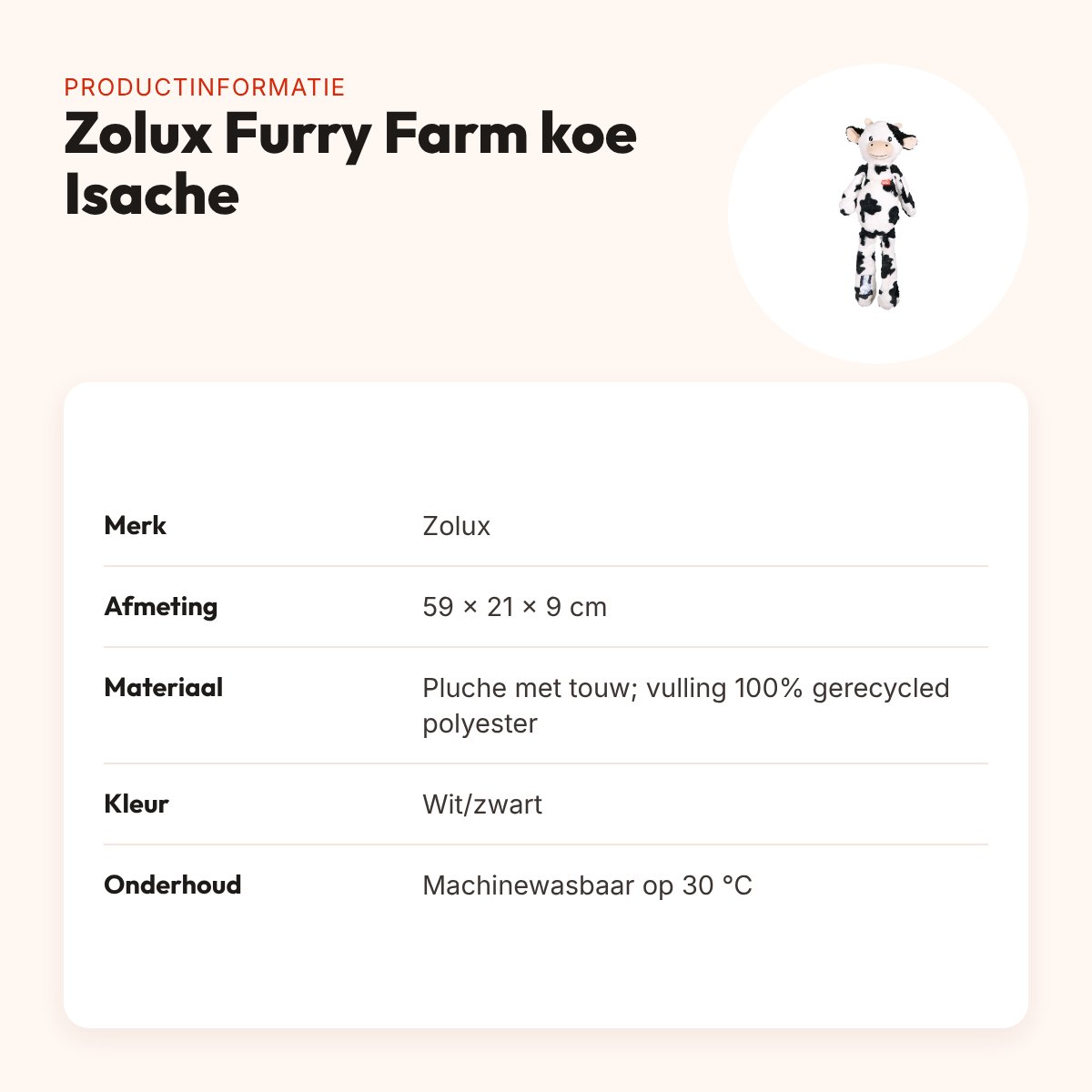 Zolux Furry Farm koe Isache pluche met touw wit/zwart 59 cm – speeltje – productinformatie