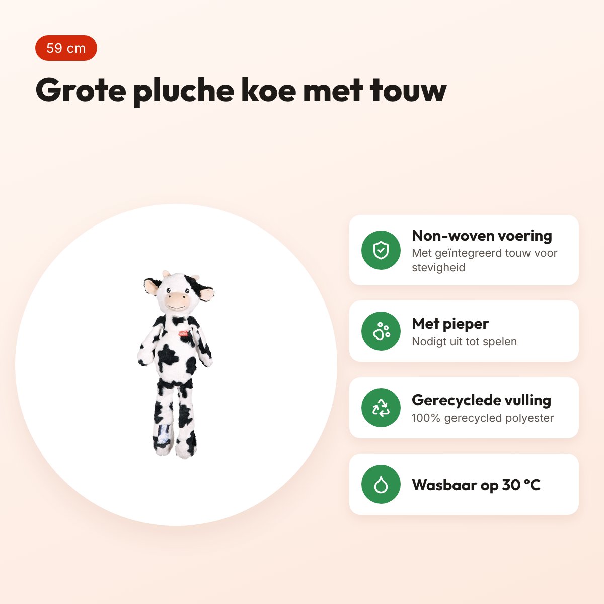Zolux Furry Farm koe Isache pluche met touw wit/zwart 59 cm – speeltje – voordelen