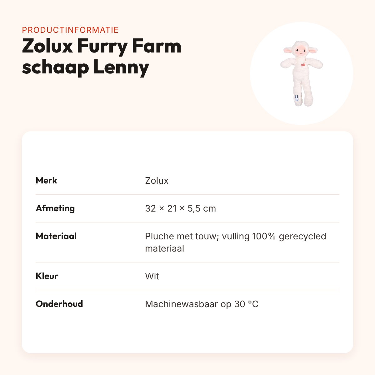 Zolux Furry Farm schaap Lenny pluche met touw wit 32 cm – hondenspeeltje – productinformatie