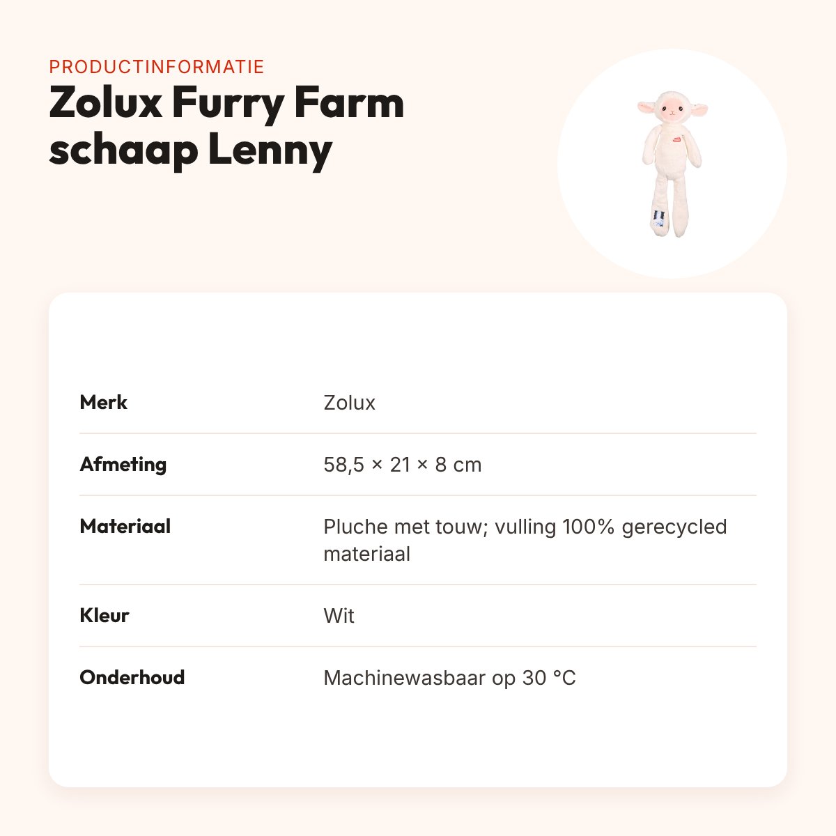 Zolux Furry Farm schaap Lenny pluche met touw wit 58,5 cm – hondenspeeltje – productinformatie