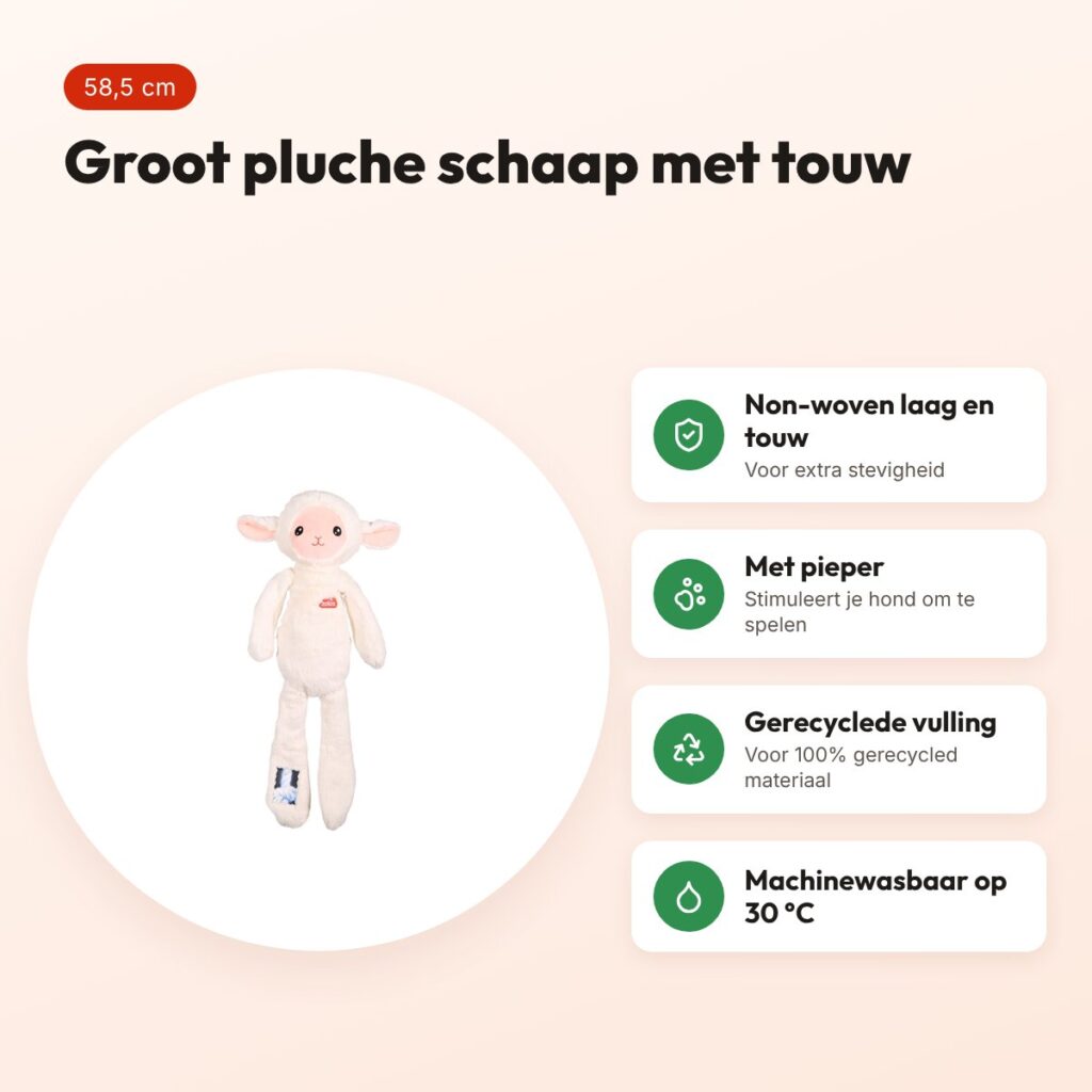 Zolux Furry Farm schaap Lenny pluche met touw wit 58,5 cm – hondenspeeltje – voordelen
