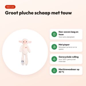 Zolux Furry Farm schaap Lenny pluche met touw wit 58,5 cm – hondenspeeltje – voordelen