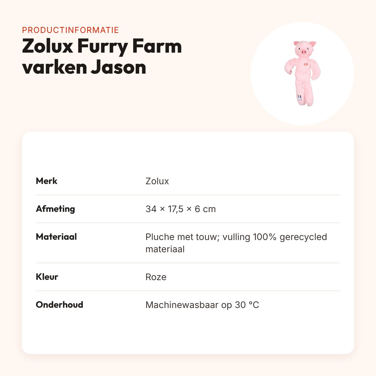 Zolux Furry Farm varken Jason pluche met touw roze 34 cm – hondenspeeltje – productinformatie
