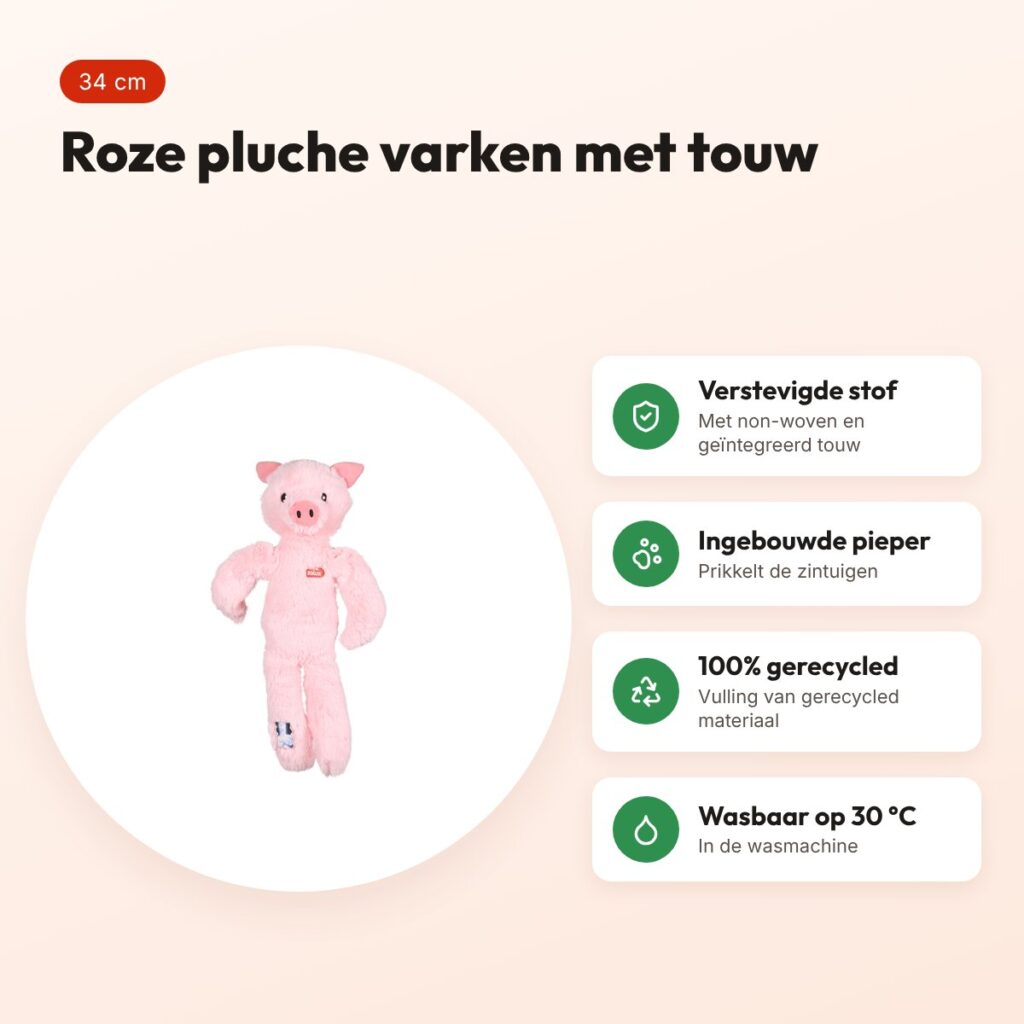Zolux Furry Farm varken Jason pluche met touw roze 34 cm – hondenspeeltje – voordelen