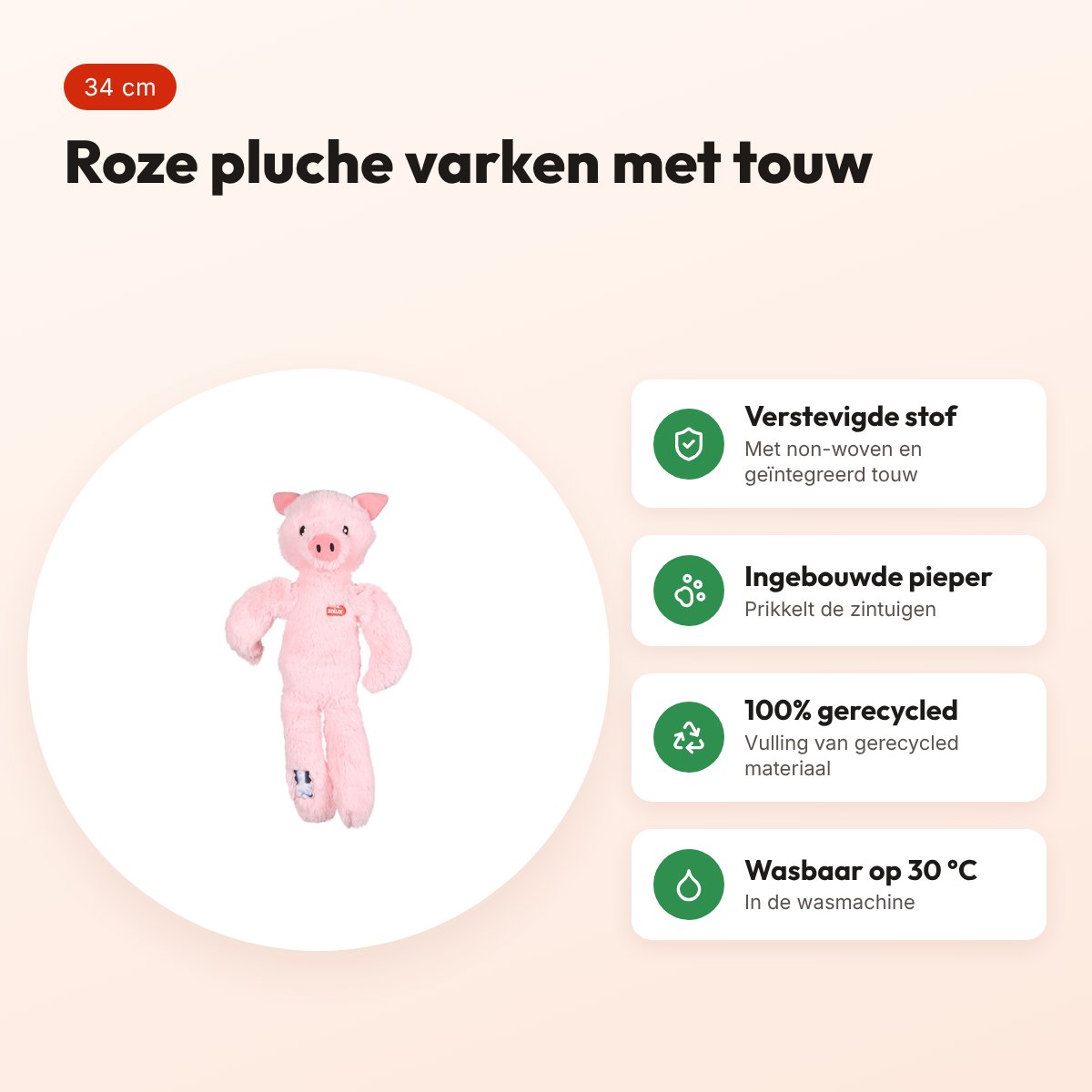 Zolux Furry Farm varken Jason pluche met touw roze 34 cm – hondenspeeltje – voordelen