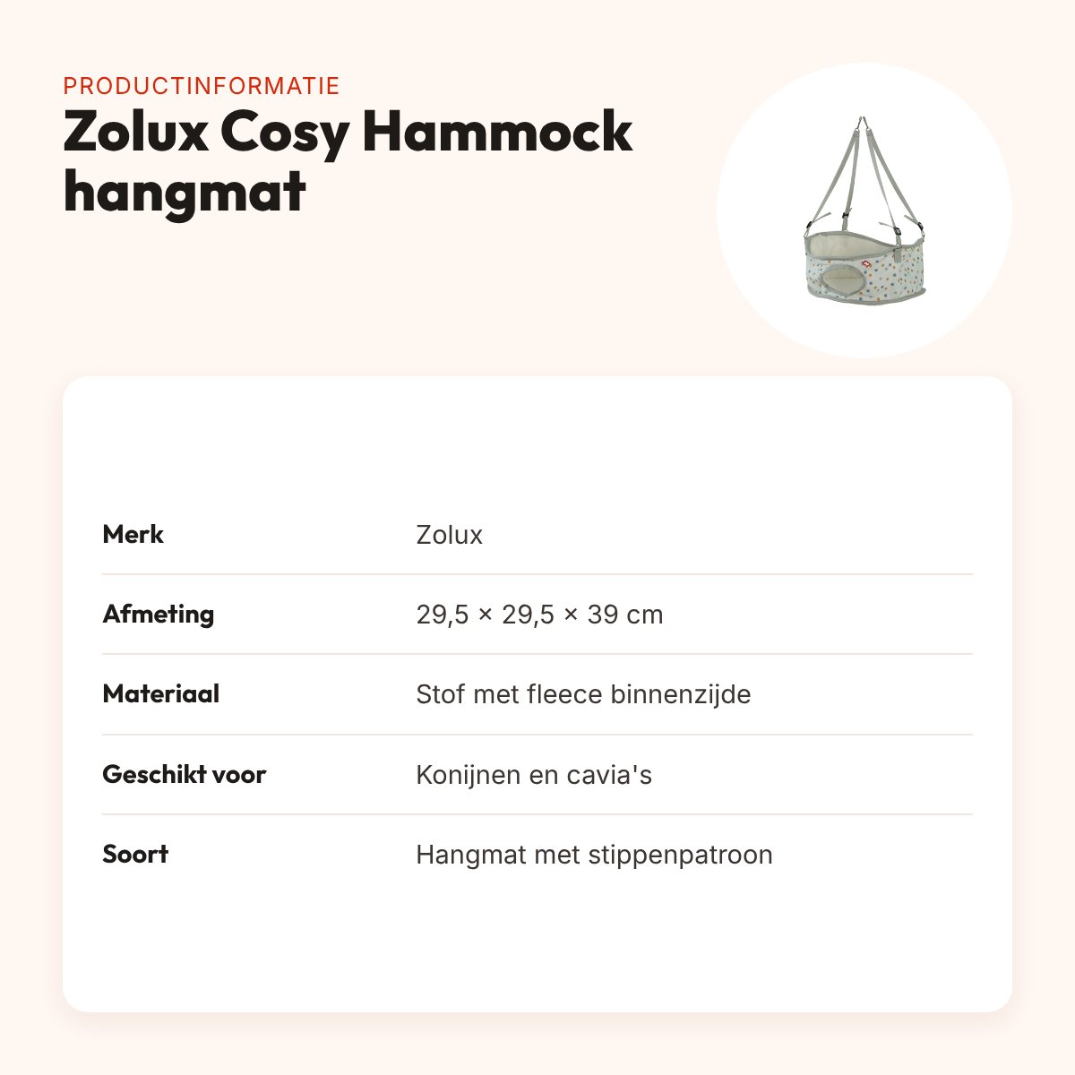 Zolux hangmat Cosy Hammock gestipt 29,5 x 29,5 x 39 cm – konijn en cavia – productinformatie