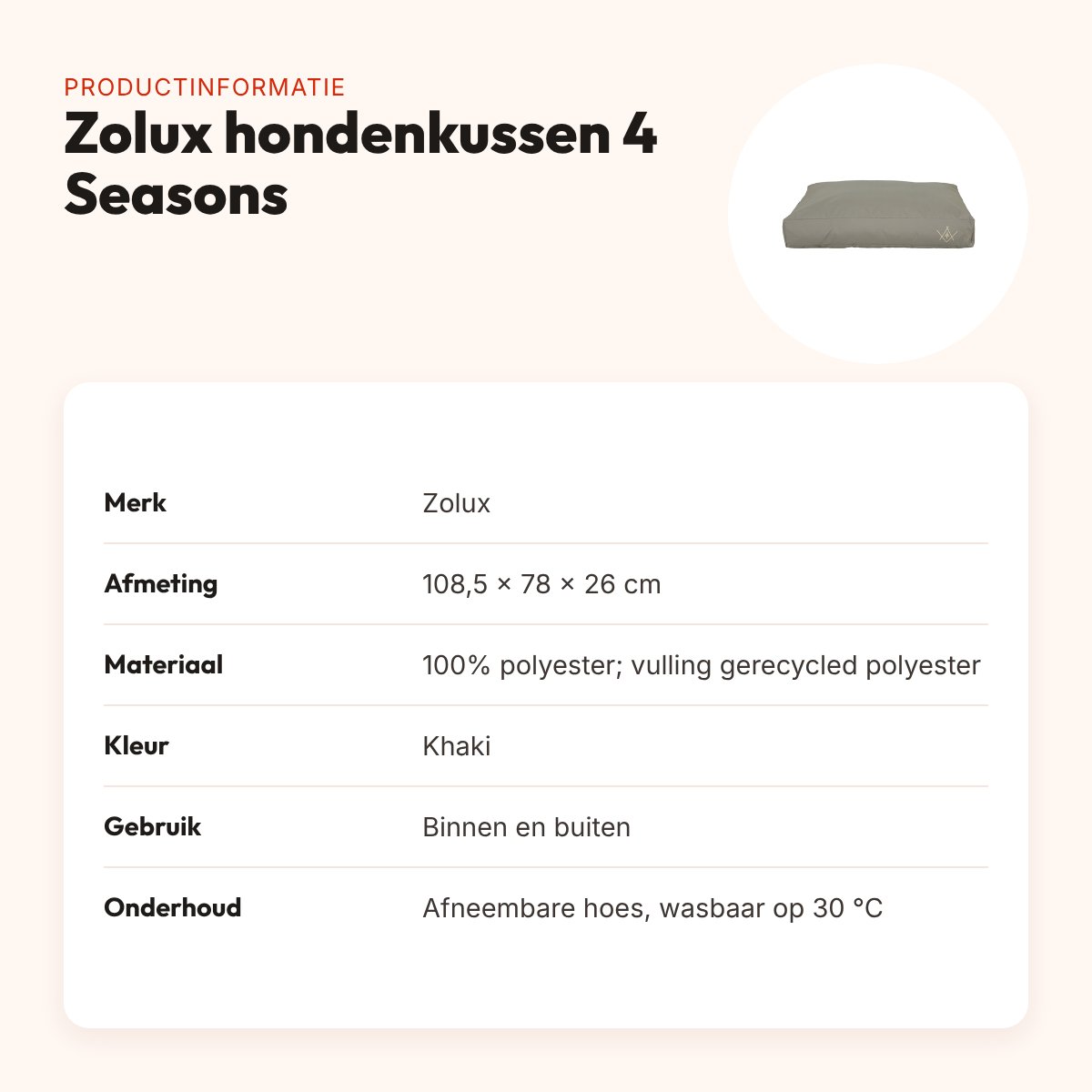 Zolux hondenkussen 4 Seasons waterafstotend khaki 108,5 x 78 x 26 cm – productinformatie