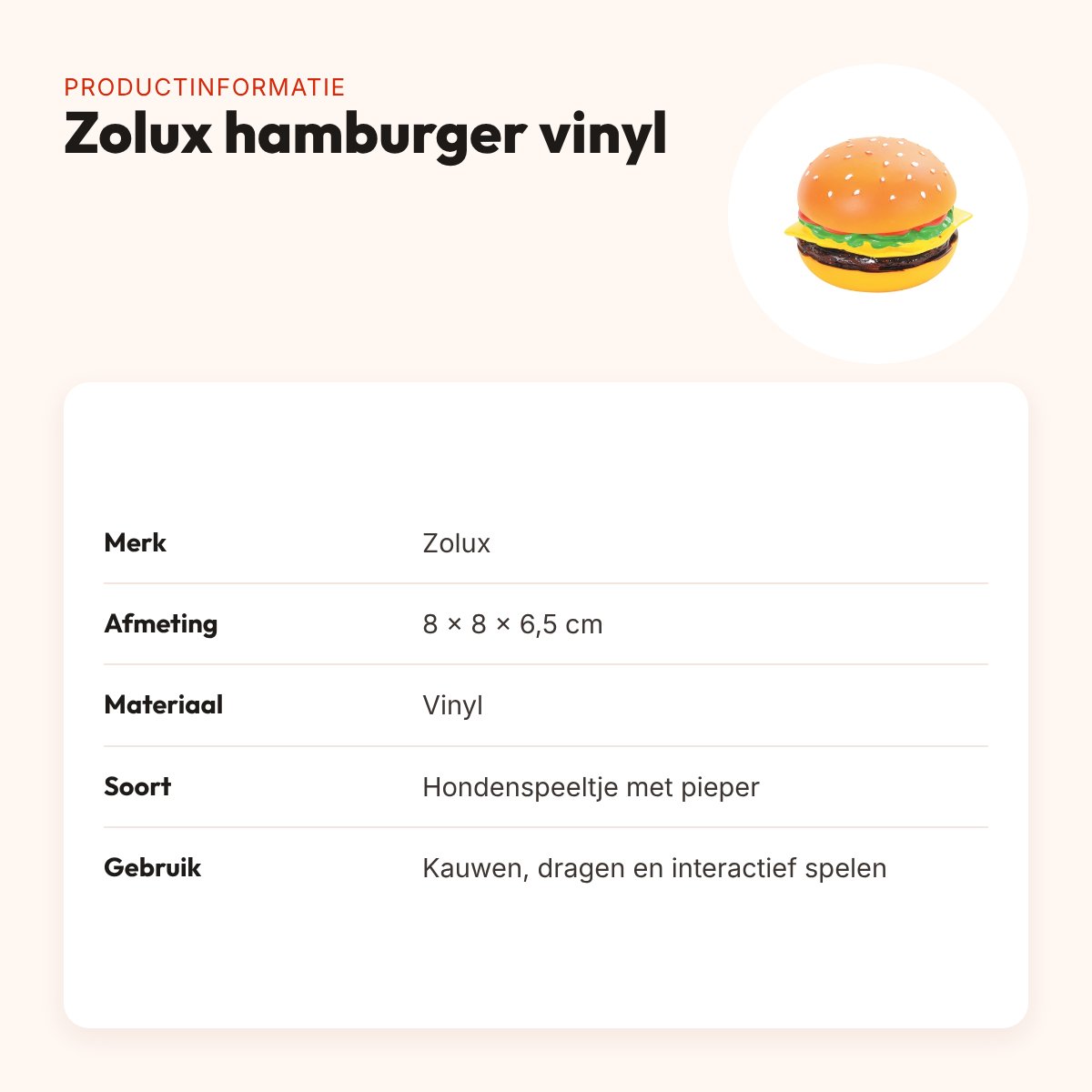 Zolux hondenspeeltje hamburger van vinyl 8 x 8 x 6,5 cm – met pieper – productinformatie