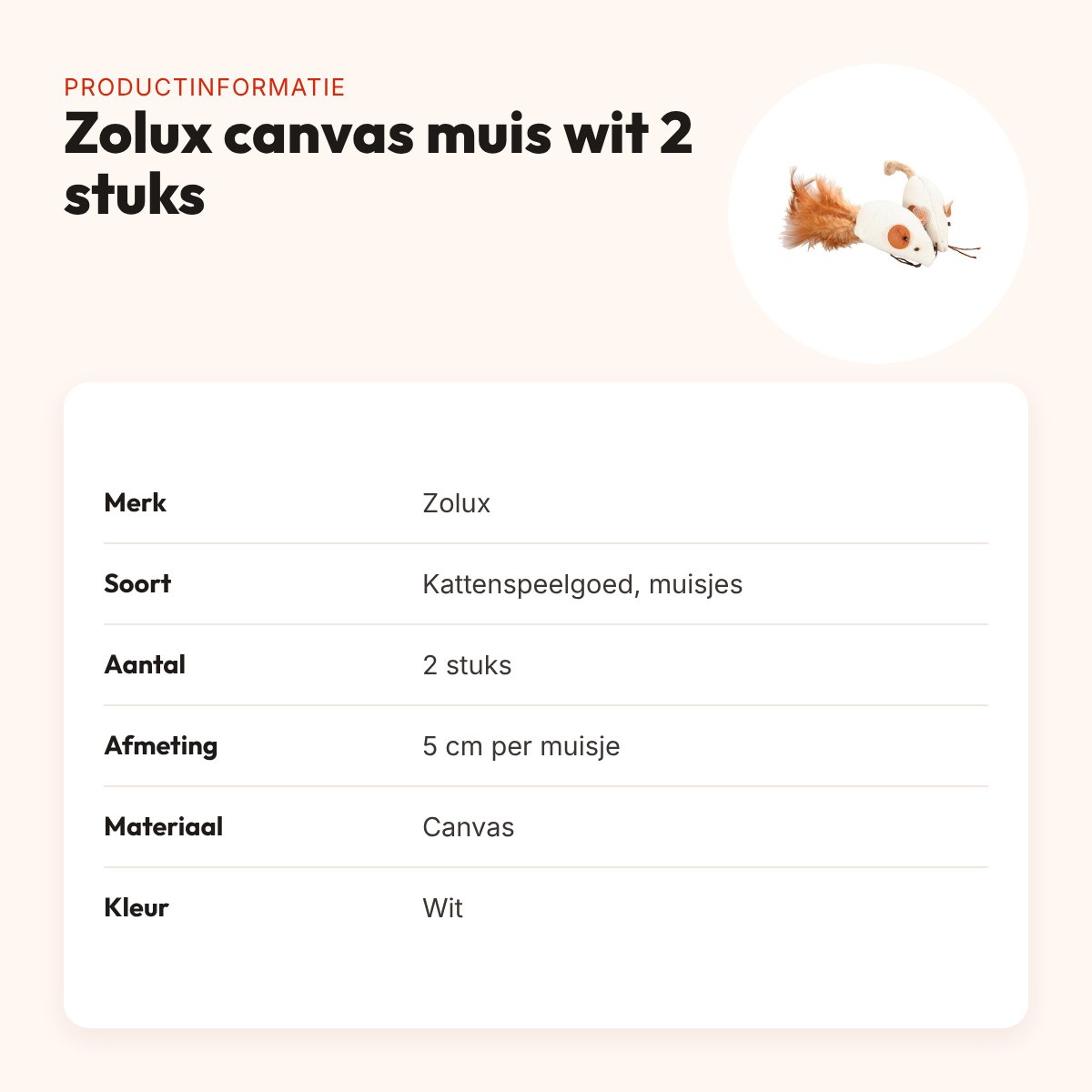 Zolux kattenspeelgoed canvas muis wit 5 cm – 2 stuks – productinformatie