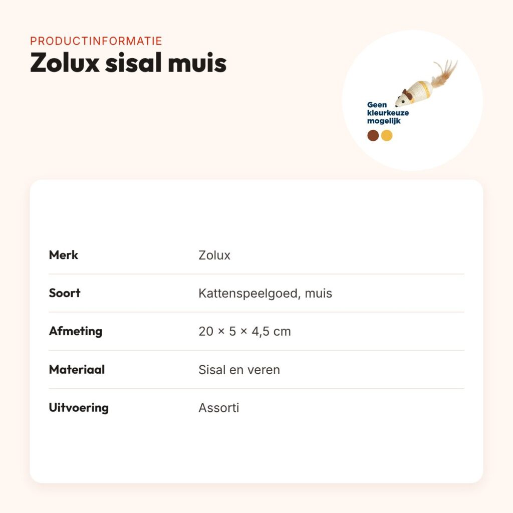 Zolux kattenspeelgoed sisal muis assorti 20 x 5 x 4,5 cm – veren staartje – productinformatie