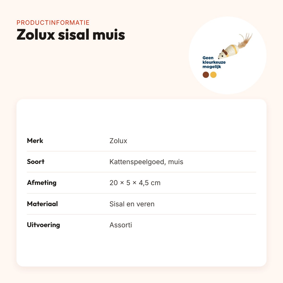 Zolux kattenspeelgoed sisal muis assorti 20 x 5 x 4,5 cm – veren staartje – productinformatie