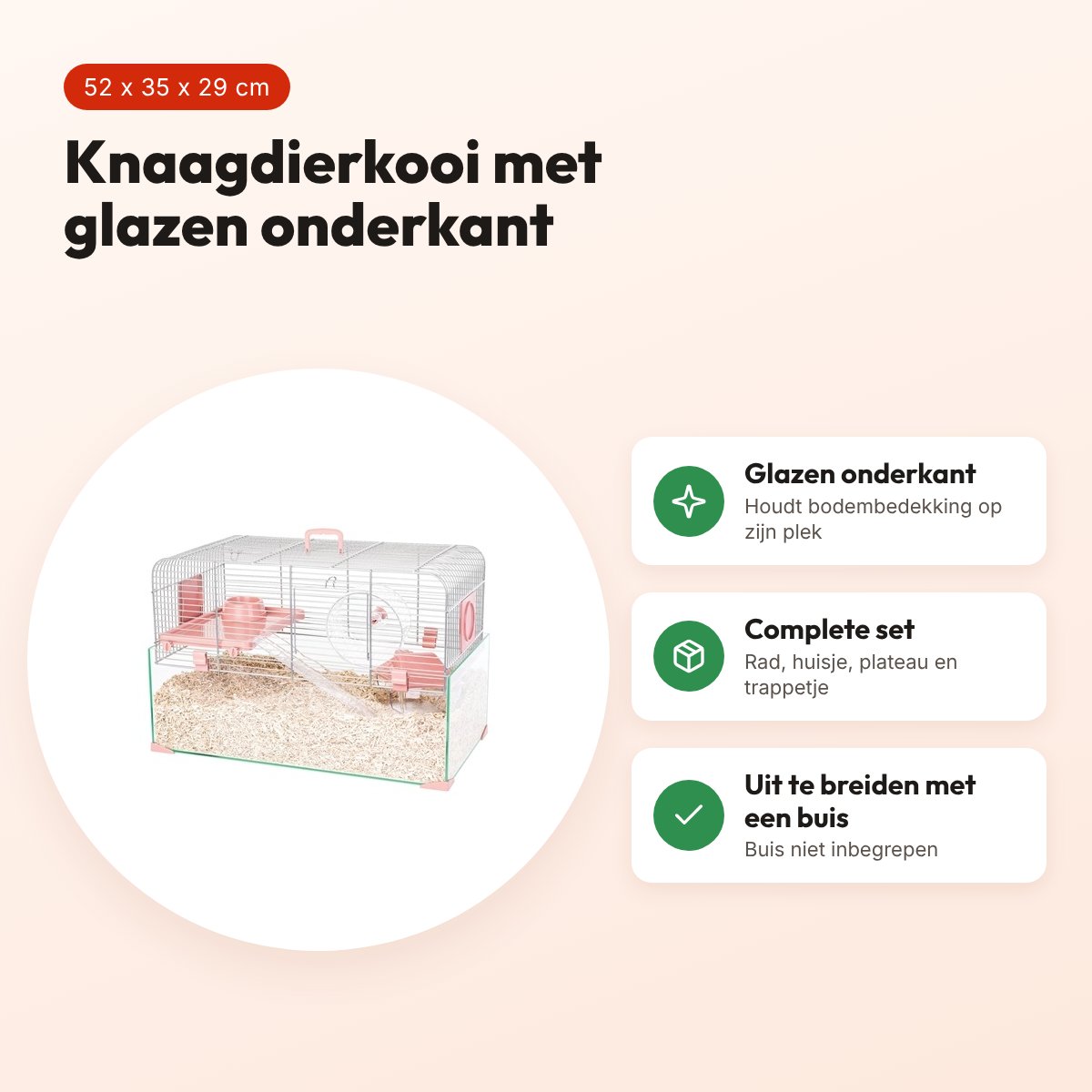 Zolux knaagdierkooi Panas roze 52 x 35 x 29 cm – glazen onderkant – voordelen