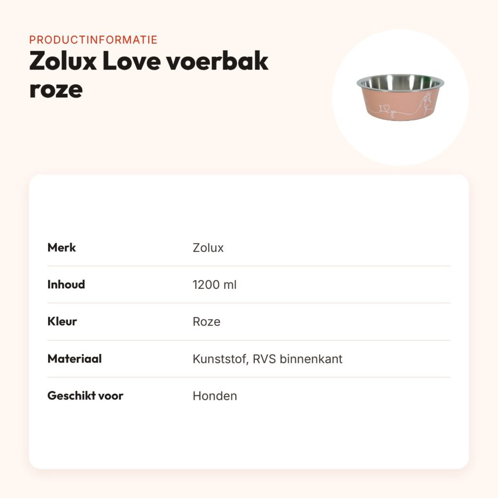 Zolux Love voerbak roze 1200 ml – RVS binnenkant, voor honden – productinformatie
