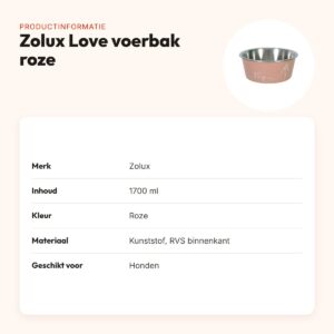 Zolux Love voerbak roze 1700 ml – RVS binnenkant, voor honden – productinformatie