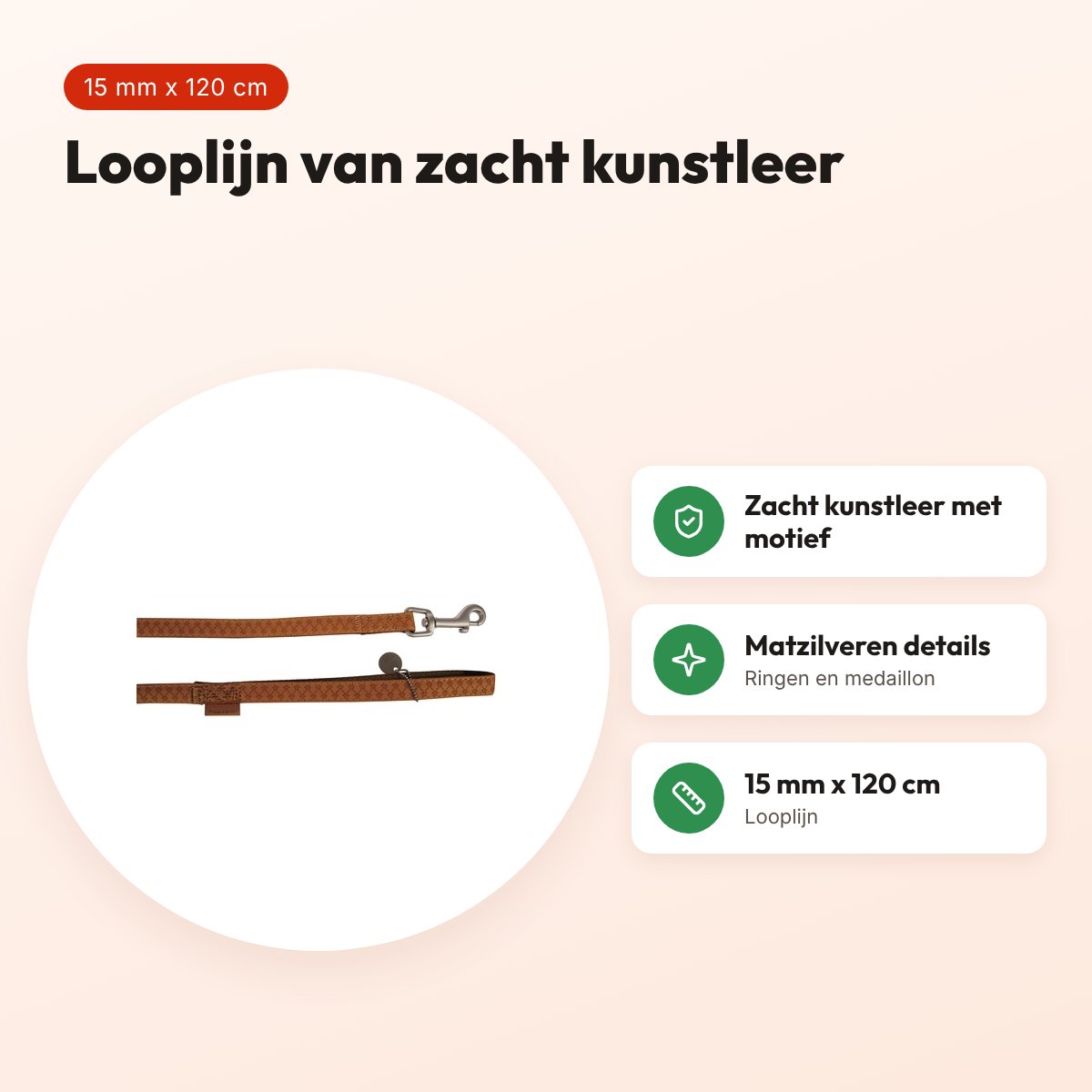 Zolux Mac Leather looplijn bruin 15 mm x 120 cm – kunstleer – voordelen