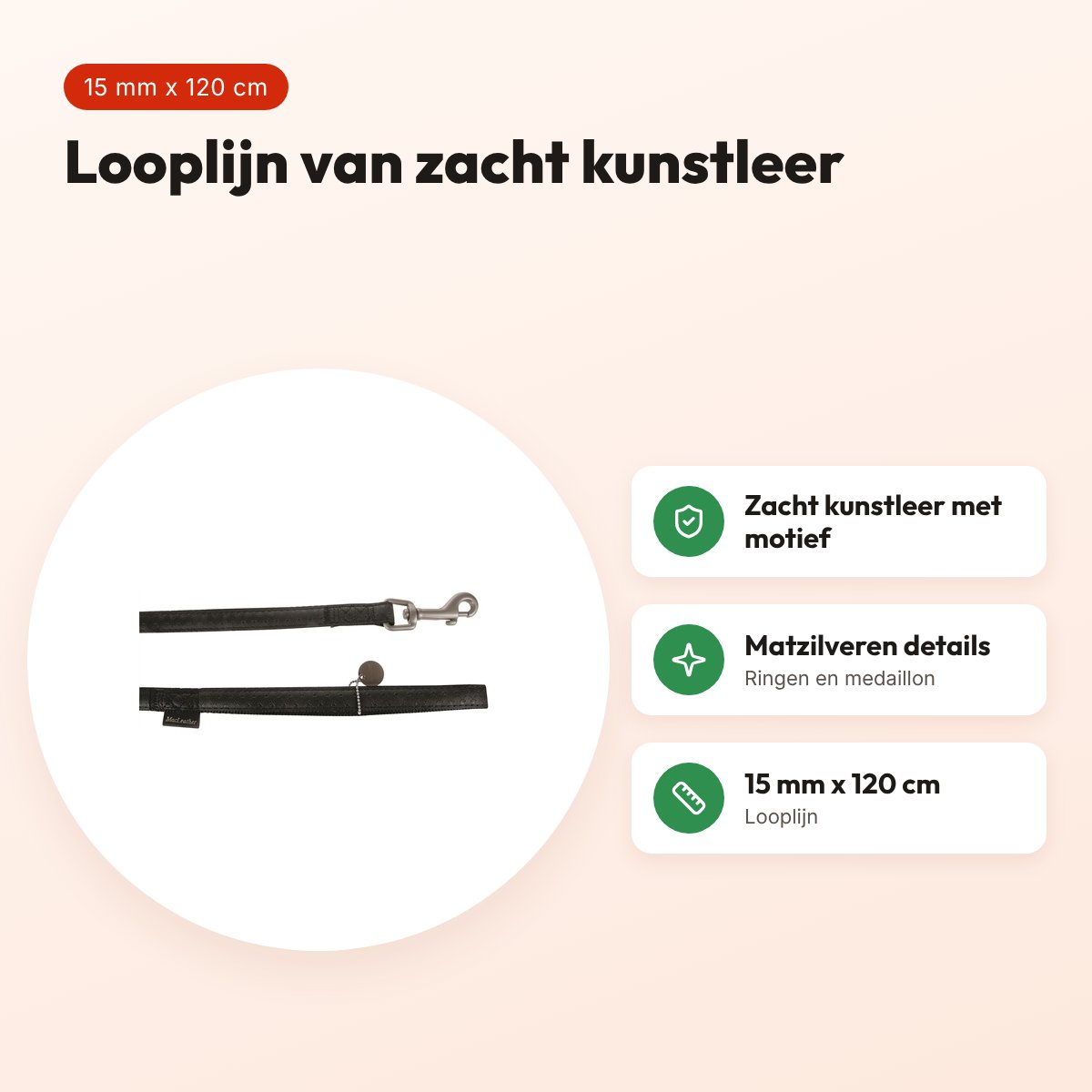 Zolux Mac Leather looplijn zwart 15 mm x 120 cm – kunstleer – voordelen