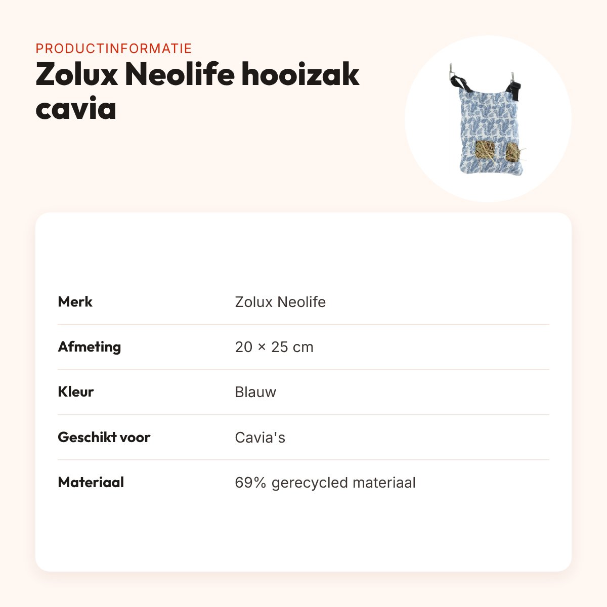 Zolux Neolife hooizak cavia blauw 20 x 25 cm – productinformatie
