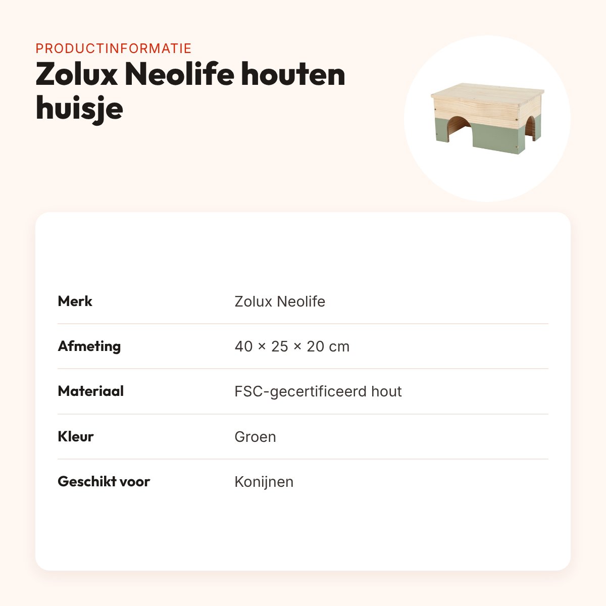 Zolux Neolife houten huisje konijn groen 40 x 25 x 20 cm – productinformatie