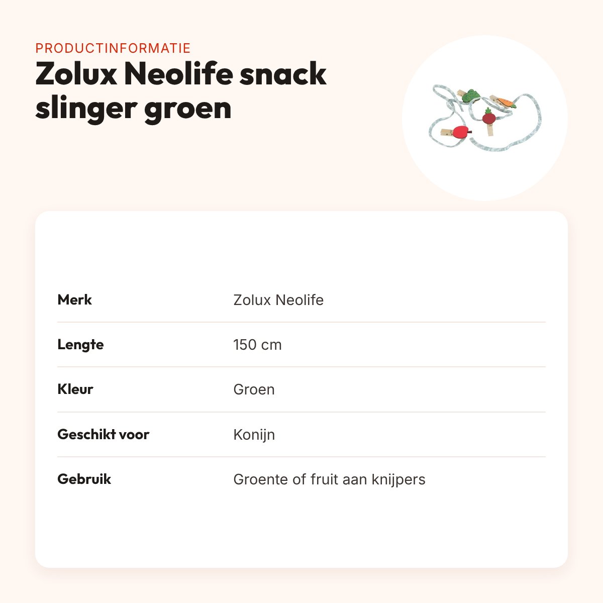 Zolux Neolife snack slinger konijn groen 150 cm – voor groente en fruit – productinformatie