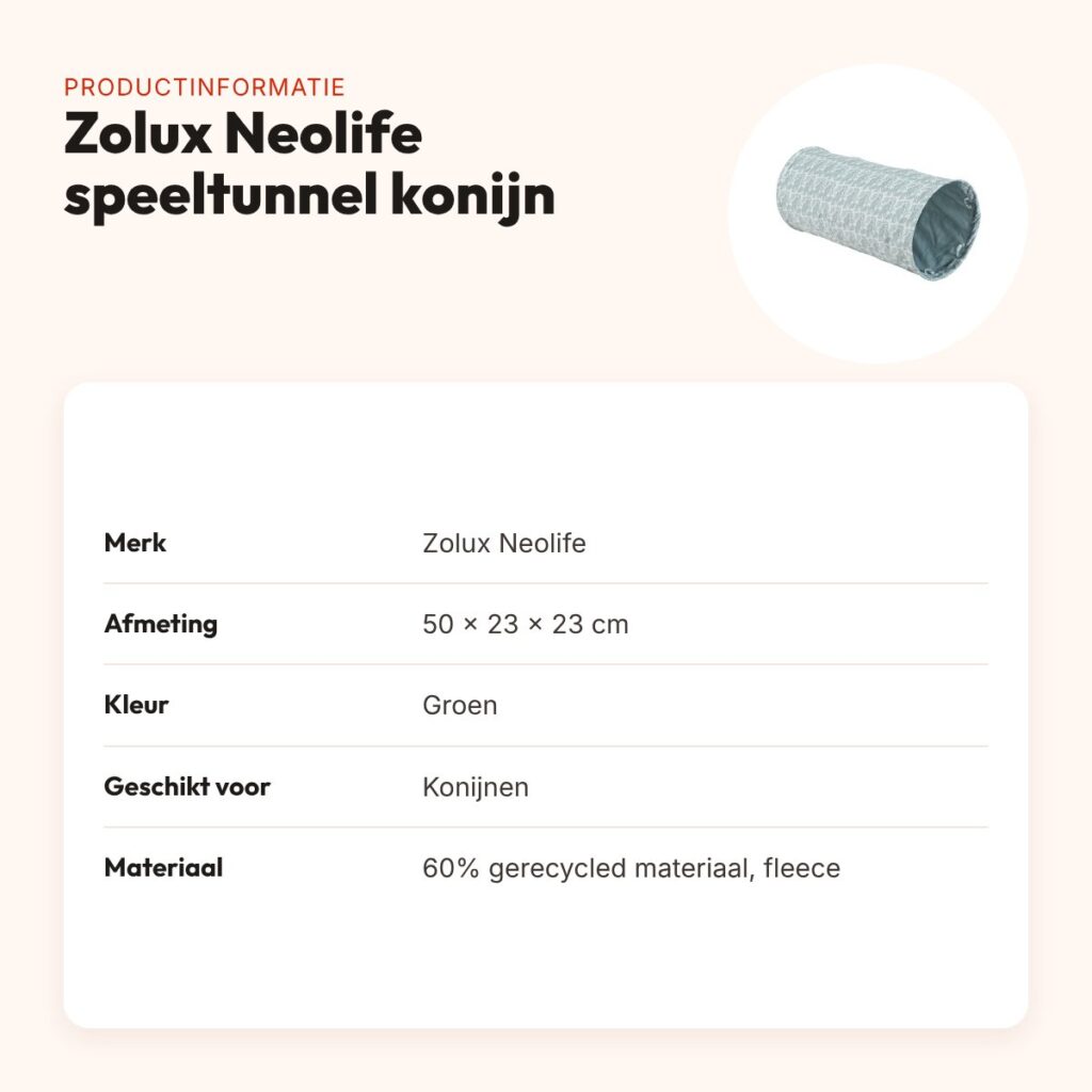Zolux Neolife speeltunnel konijn groen 50 x 23 x 23 cm – gevoerd met fleece – productinformatie