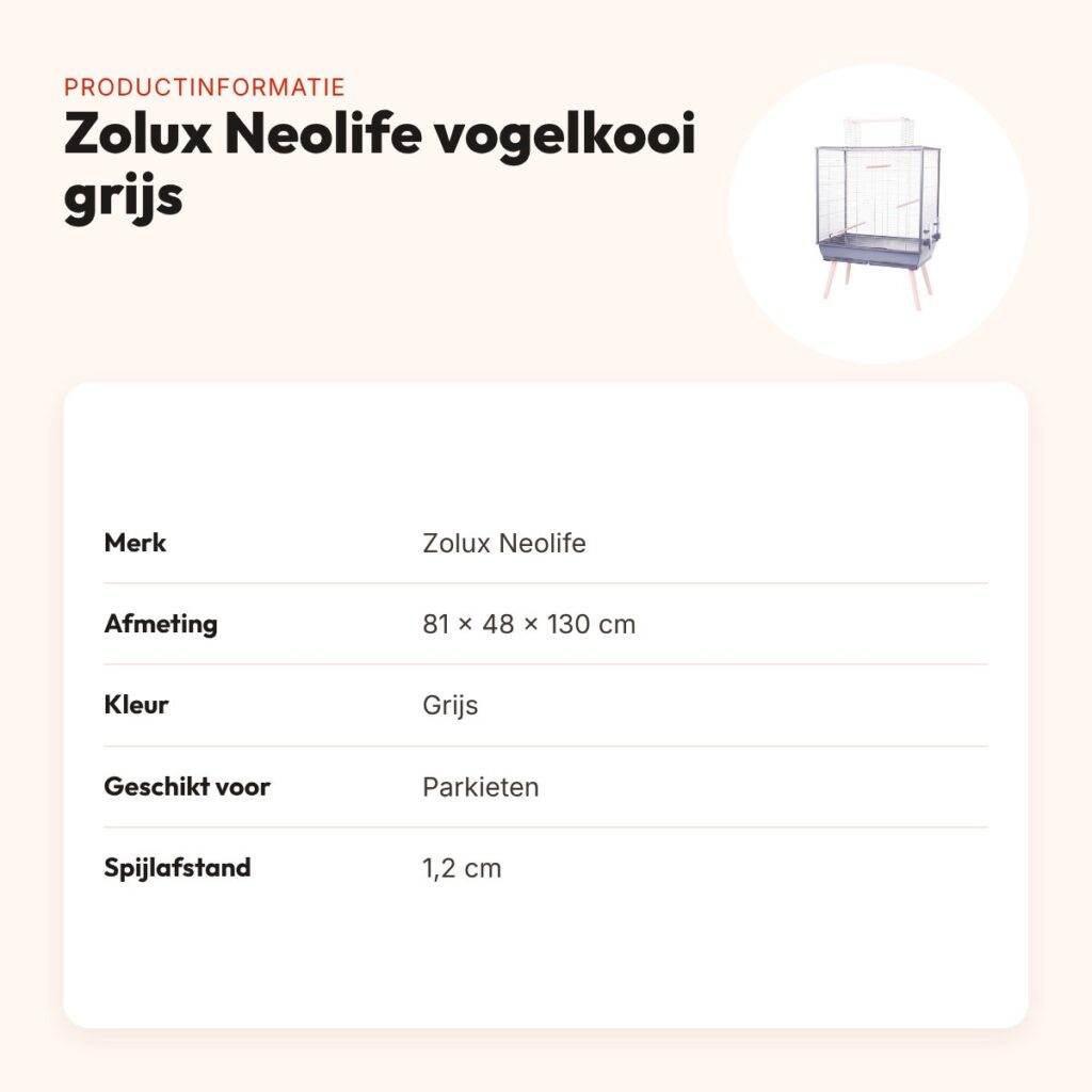Zolux Neolife vogelkooi grijs 81 x 48 x 130 cm – voor parkieten – productinformatie