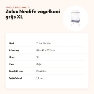 Zolux Neolife vogelkooi grijs XL 81 x 48 x 152 cm – voor parkieten – productinformatie