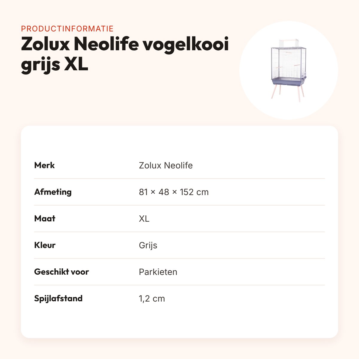 Zolux Neolife vogelkooi grijs XL 81 x 48 x 152 cm – voor parkieten – productinformatie