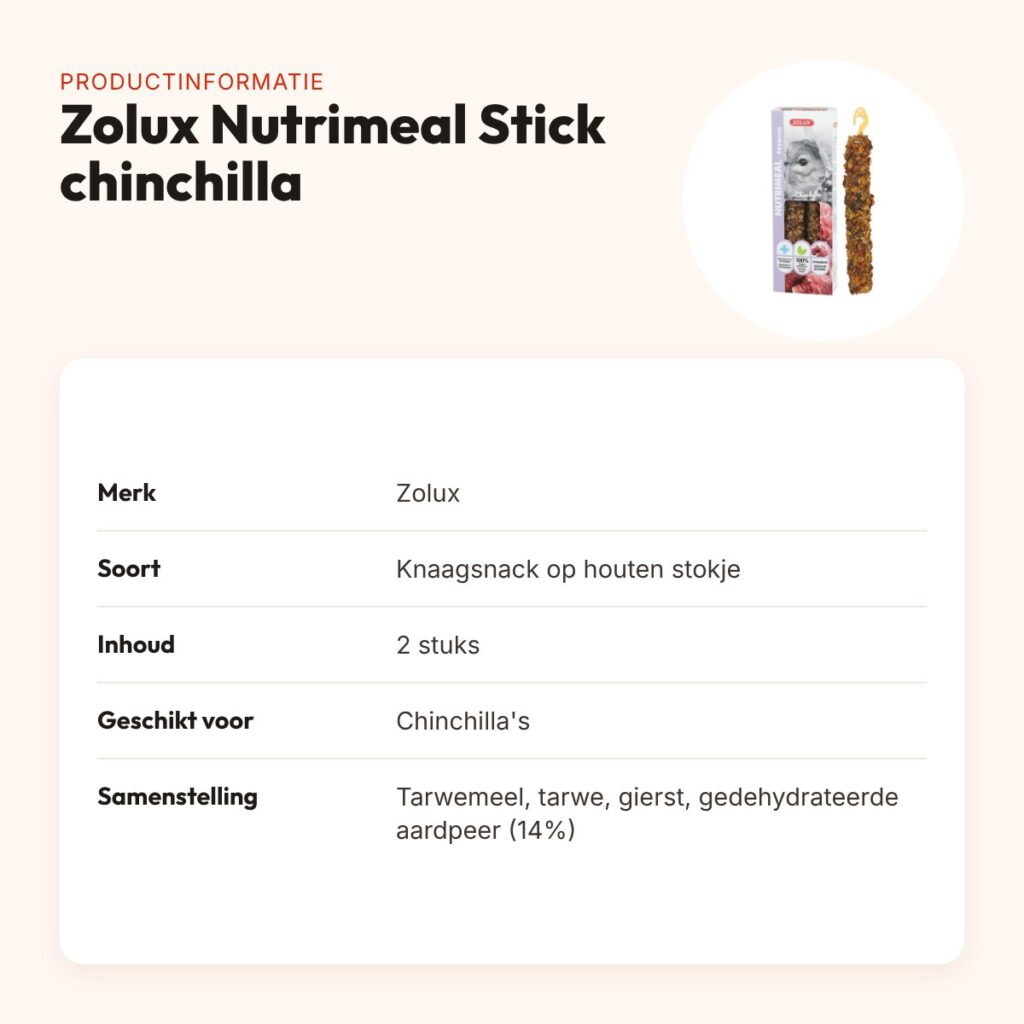 Zolux Nutrimeal Stick chinchilla aardpeer 2 stuks – knaagsnack – productinformatie