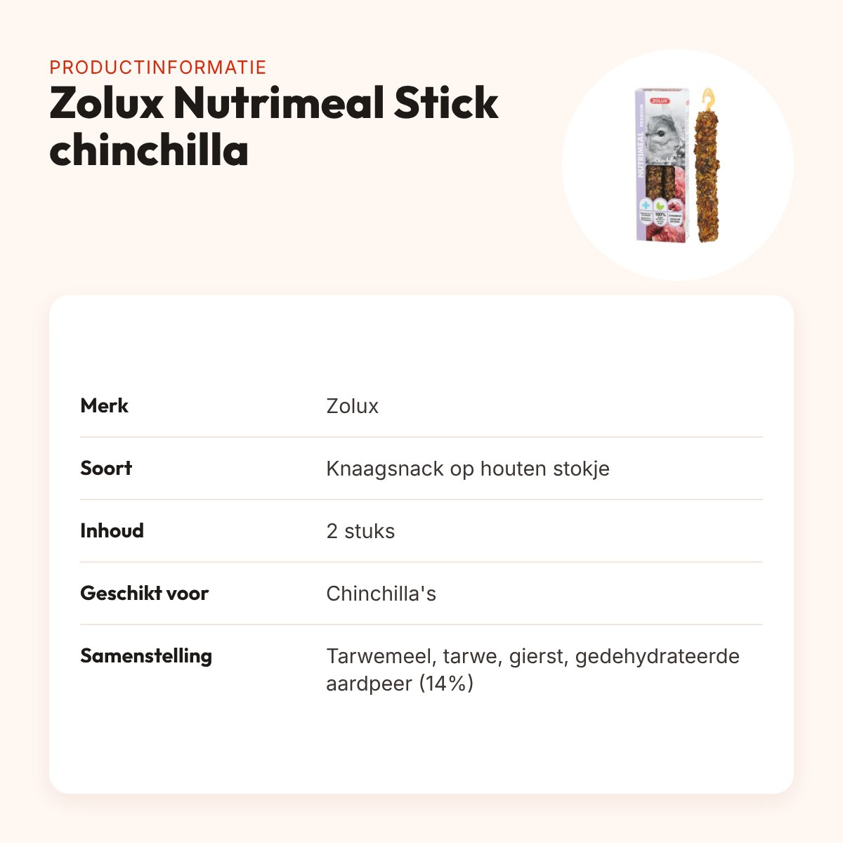 Zolux Nutrimeal Stick chinchilla aardpeer 2 stuks – knaagsnack – productinformatie