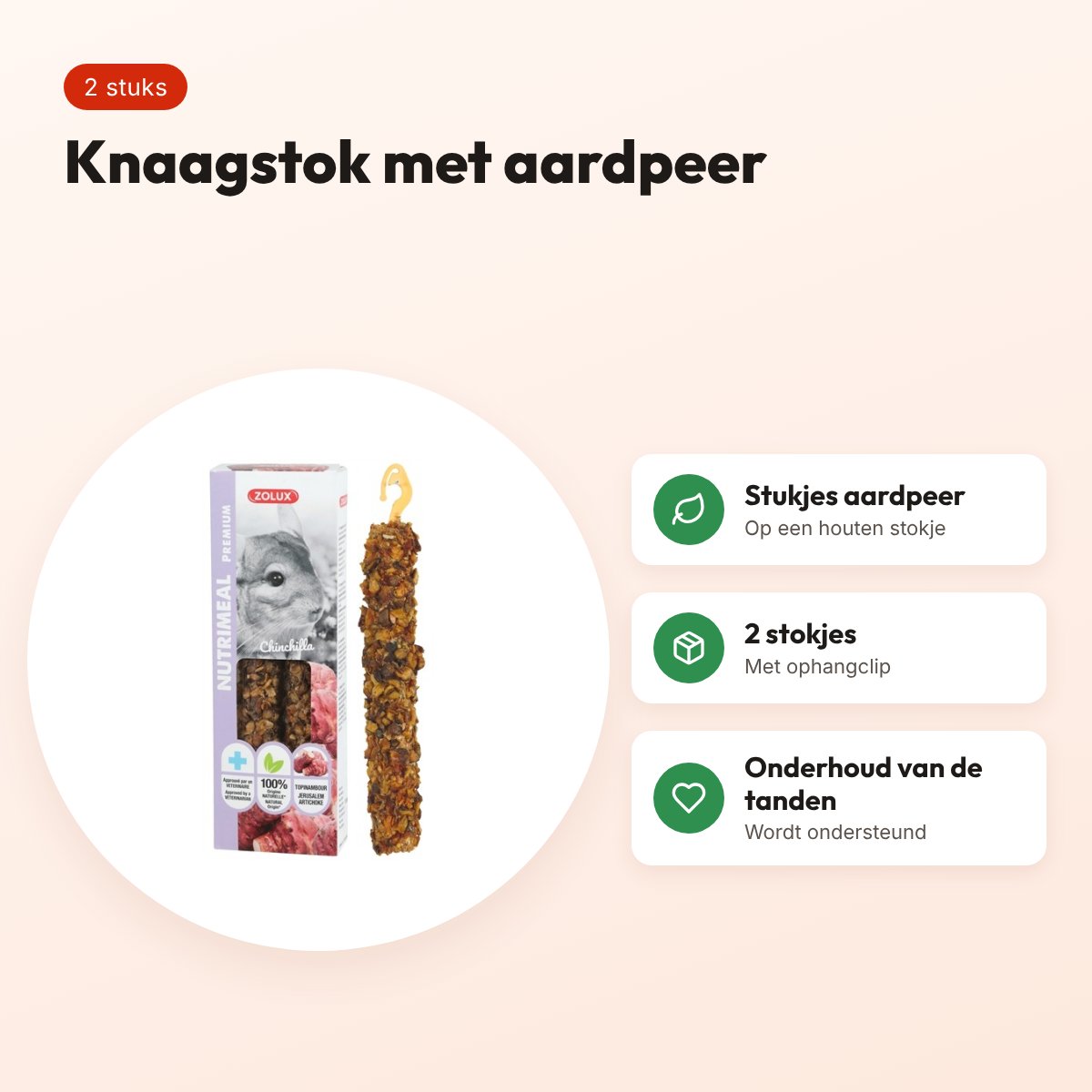 Zolux Nutrimeal Stick chinchilla aardpeer 2 stuks – knaagsnack – voordelen