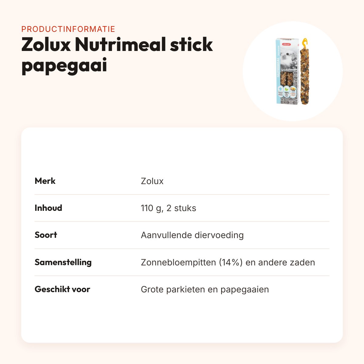 Zolux Nutrimeal stick grote parkiet/papegaai zonnebloempit 110 g – productinformatie