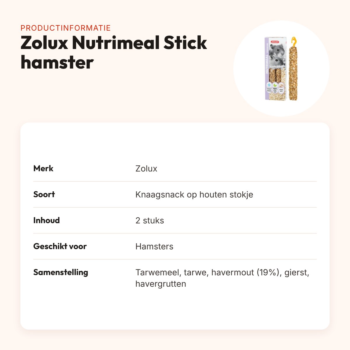 Zolux Nutrimeal Stick hamster haver 2 stuks – knaagsnack met ophangclip – productinformatie