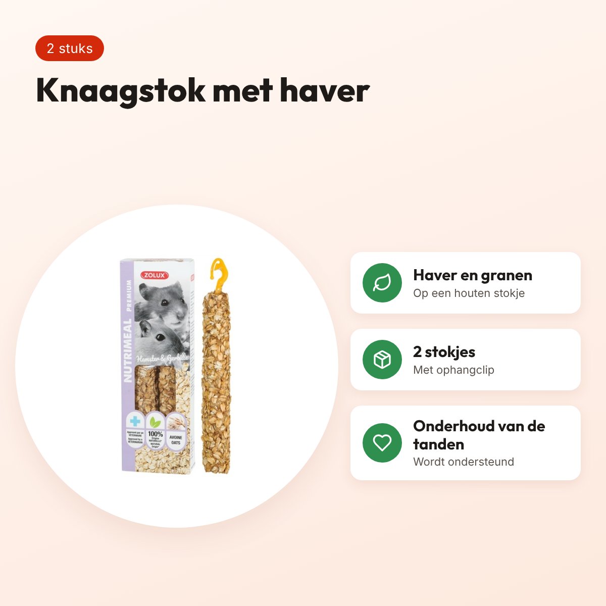 Zolux Nutrimeal Stick hamster haver 2 stuks – knaagsnack met ophangclip – voordelen
