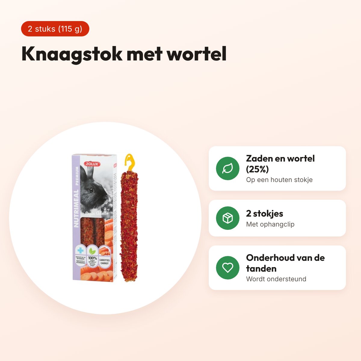 Zolux Nutrimeal Stick konijn wortel 2 stuks (115 g) – knaagsnack – voordelen