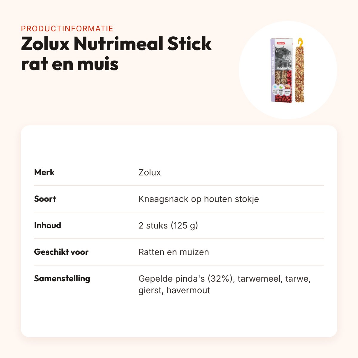 Zolux Nutrimeal Stick rat en muis pinda 2 stuks (125 g) – knaagsnack – productinformatie