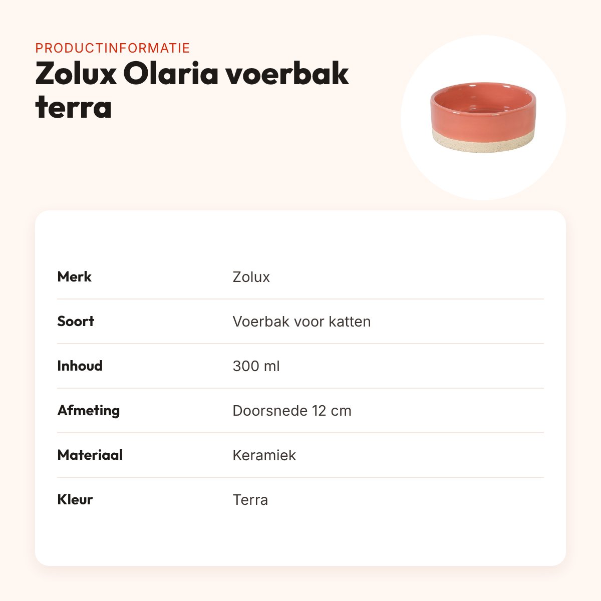 Zolux Olaria voerbak kat keramiek terra 300 ml – 12 cm – productinformatie