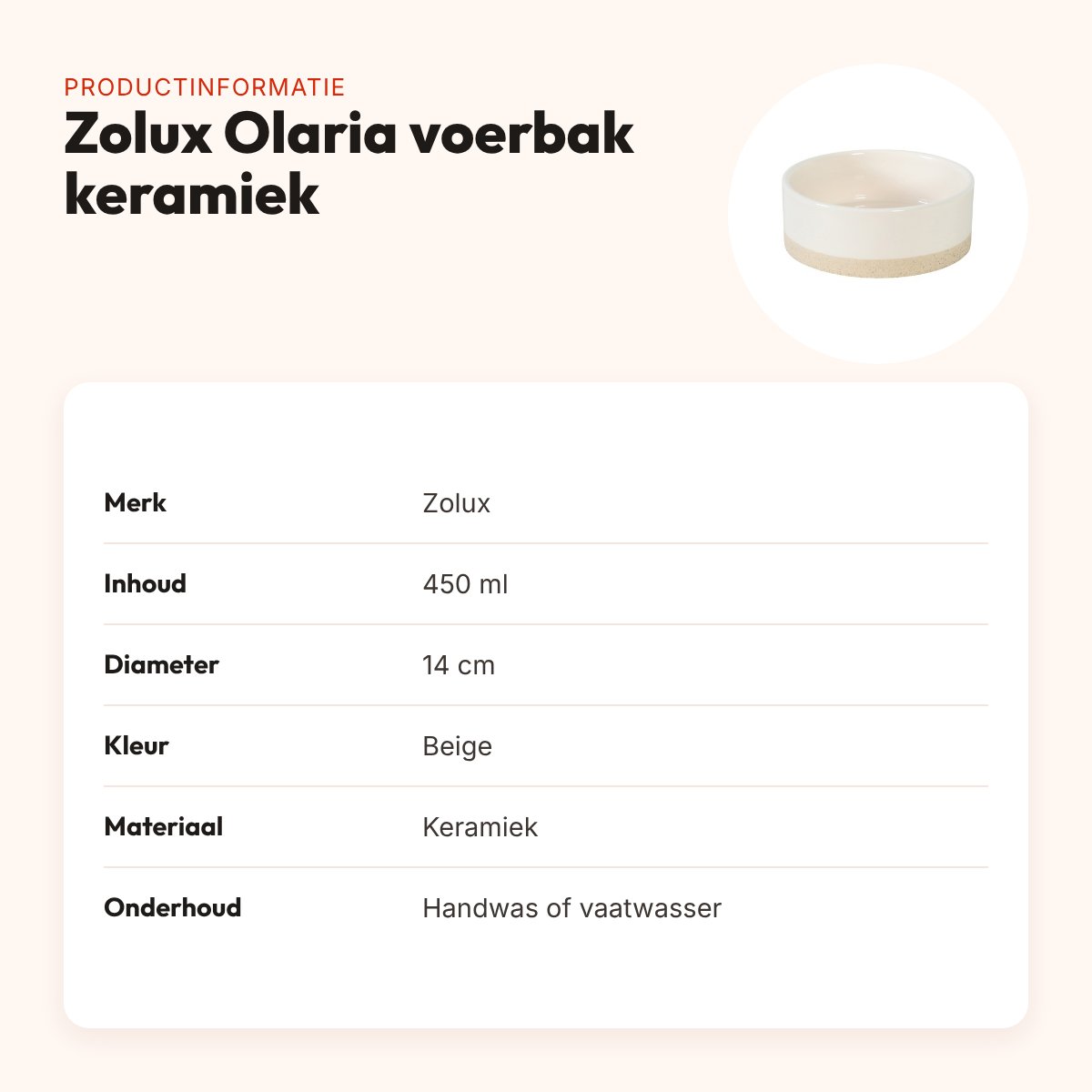 Zolux Olaria voerbak keramiek beige 450 ml 14 cm – productinformatie
