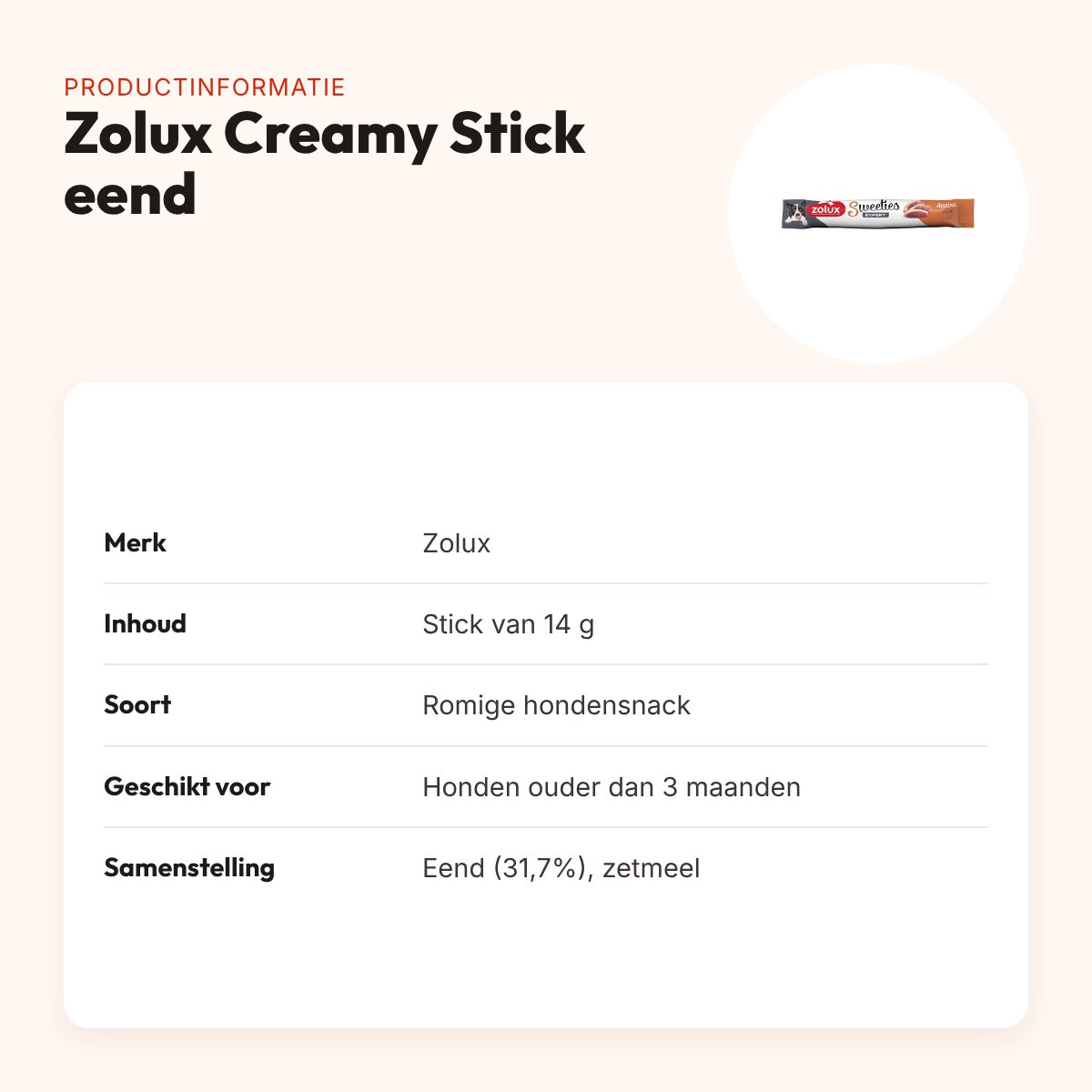 Zolux Sweeties Expert Creamy Stick eend 14 g – romige hondensnack – productinformatie