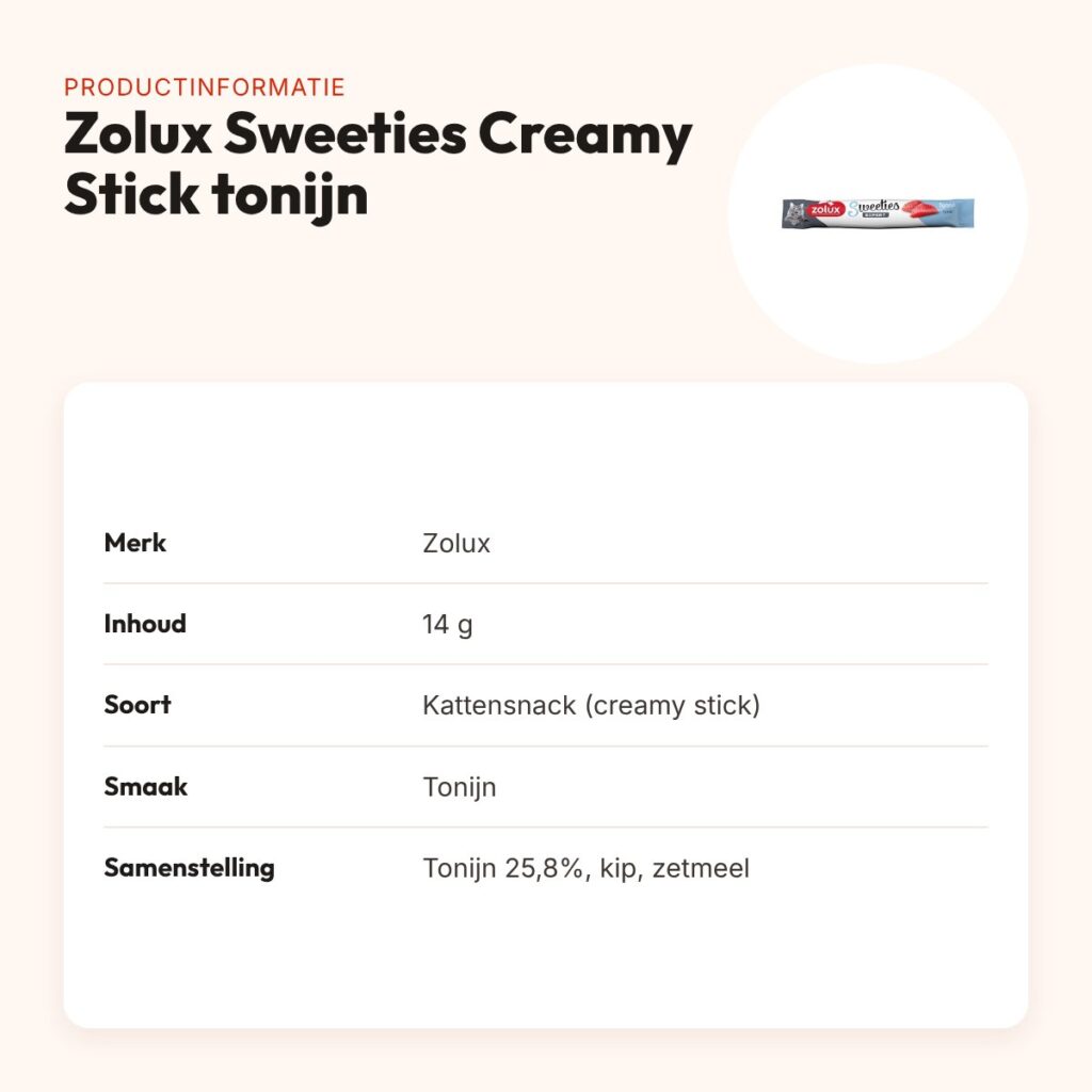 Zolux Sweeties Expert Creamy Stick kattensnack tonijn 14 g – productinformatie