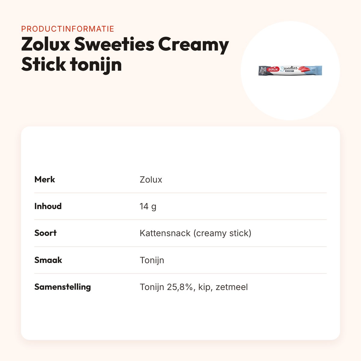 Zolux Sweeties Expert Creamy Stick kattensnack tonijn 14 g – productinformatie