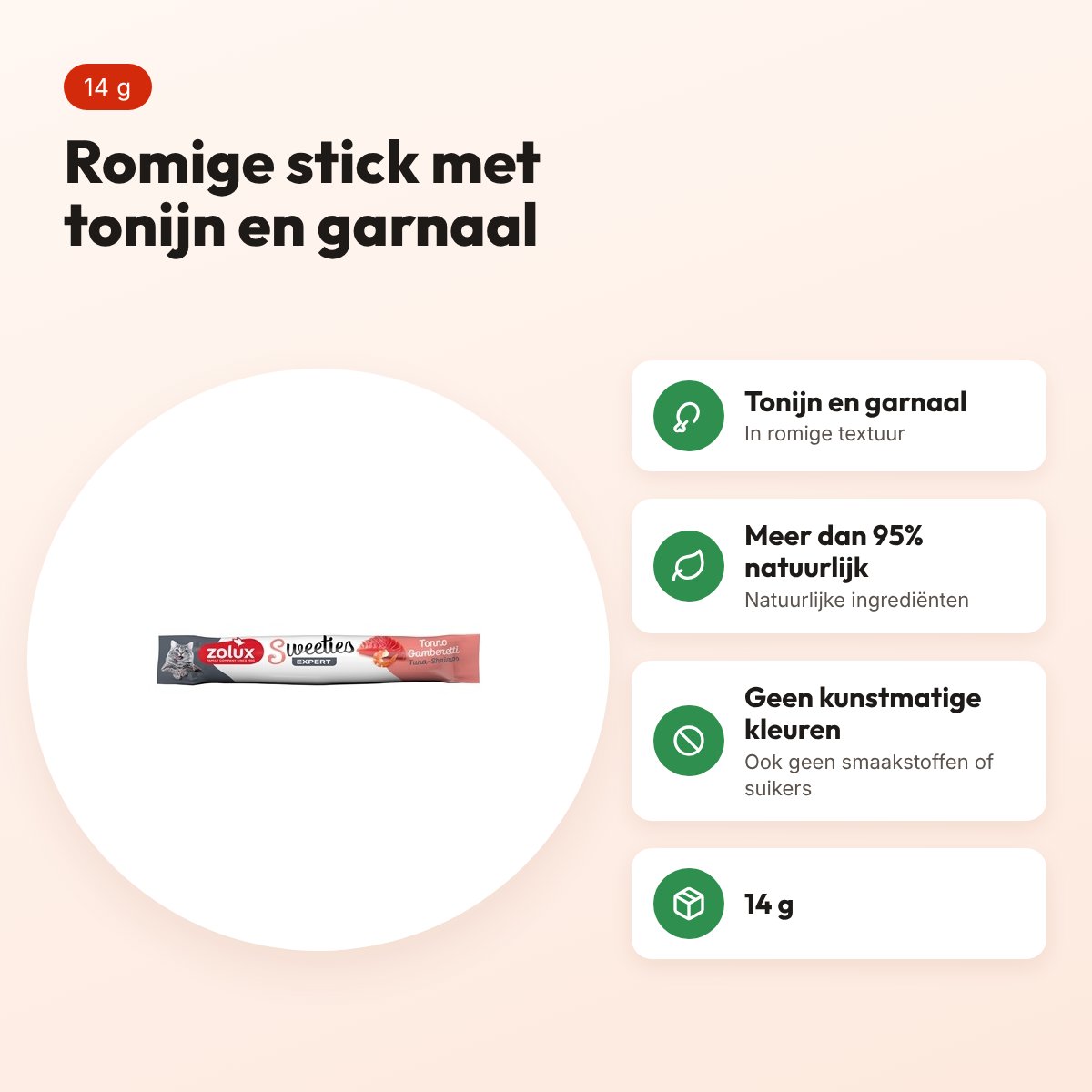 Zolux Sweeties Expert Creamy Stick kattensnack tonijn en garnaal 14 g – voordelen