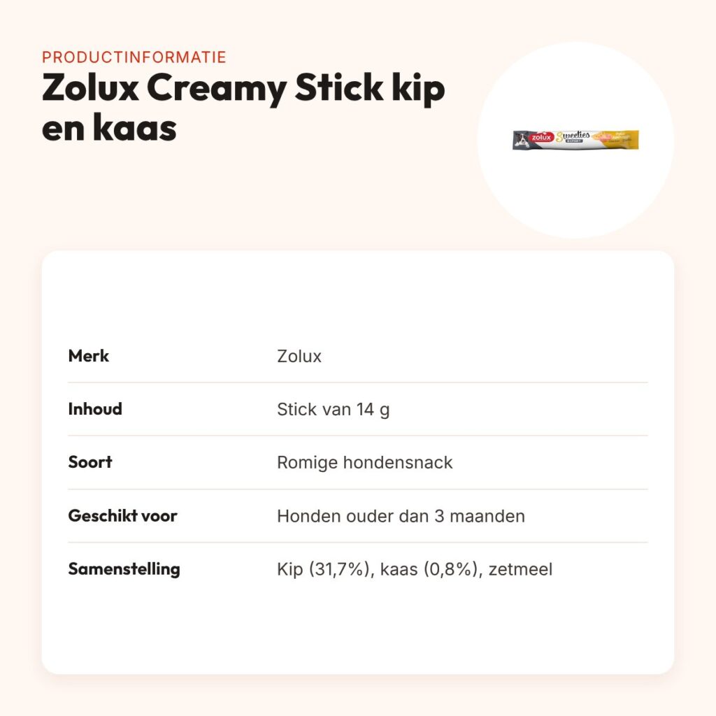 Zolux Sweeties Expert Creamy Stick kip en kaas 14 g – romige hondensnack – productinformatie