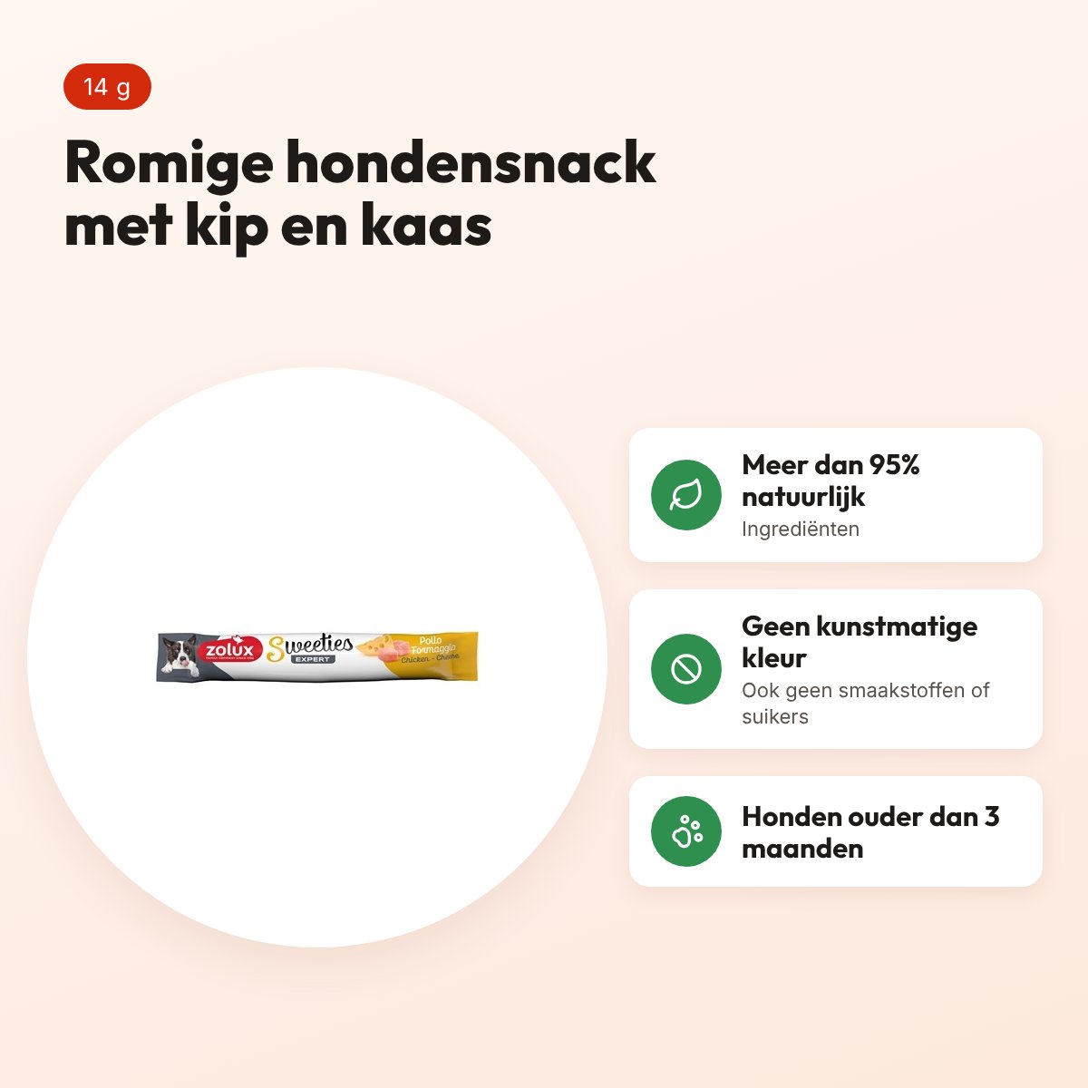 Zolux Sweeties Expert Creamy Stick kip en kaas 14 g – romige hondensnack – voordelen