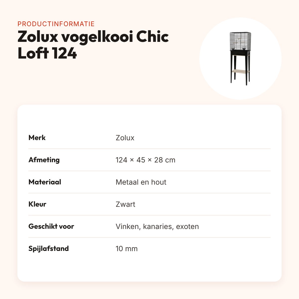 Zolux vogelkooi Chic Loft met meubel zwart 124 cm – schuiflade – productinformatie