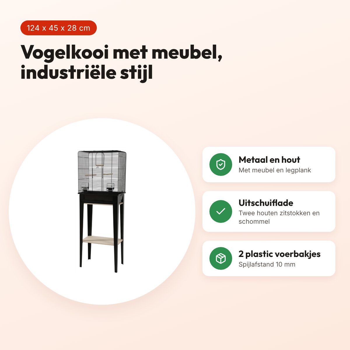 Zolux vogelkooi Chic Loft met meubel zwart 124 cm – schuiflade – voordelen