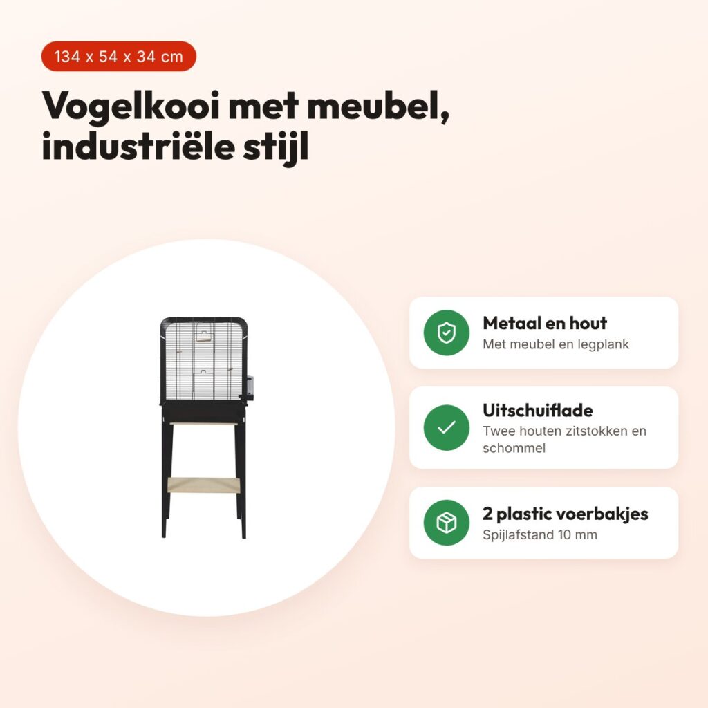Zolux vogelkooi Chic Loft met meubel zwart 134 cm – schuiflade – voordelen