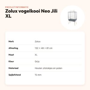 Zolux vogelkooi Neo Jili XL grijs 132 x 48 x 81 cm – zitplek bovenop – productinformatie