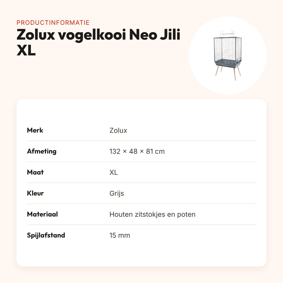 Zolux vogelkooi Neo Jili XL grijs 132 x 48 x 81 cm – zitplek bovenop – productinformatie