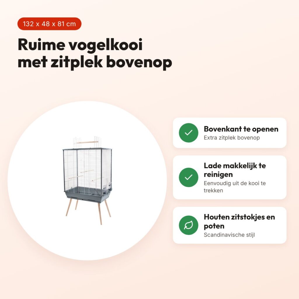 Zolux vogelkooi Neo Jili XL grijs 132 x 48 x 81 cm – zitplek bovenop – voordelen