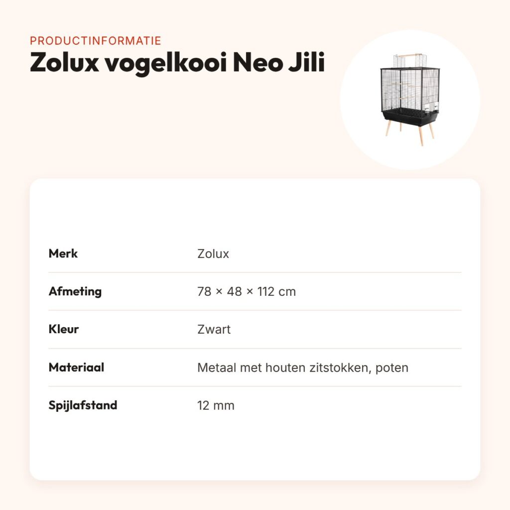Zolux vogelkooi Neo Jili zwart 78 x 48 x 112 cm – houten zitstokken – productinformatie